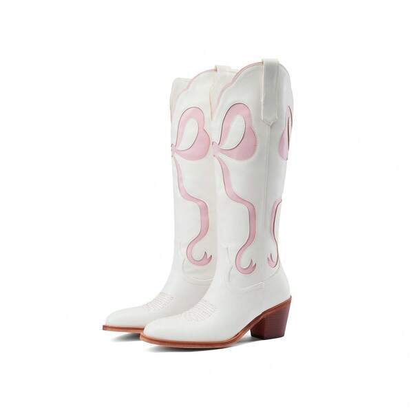 Women's White Cowgirl Boots With Bow Knee High Cowboy Boots Almond Round Toe Chunky Heel Embroidered Western Cowboy Boots For Women