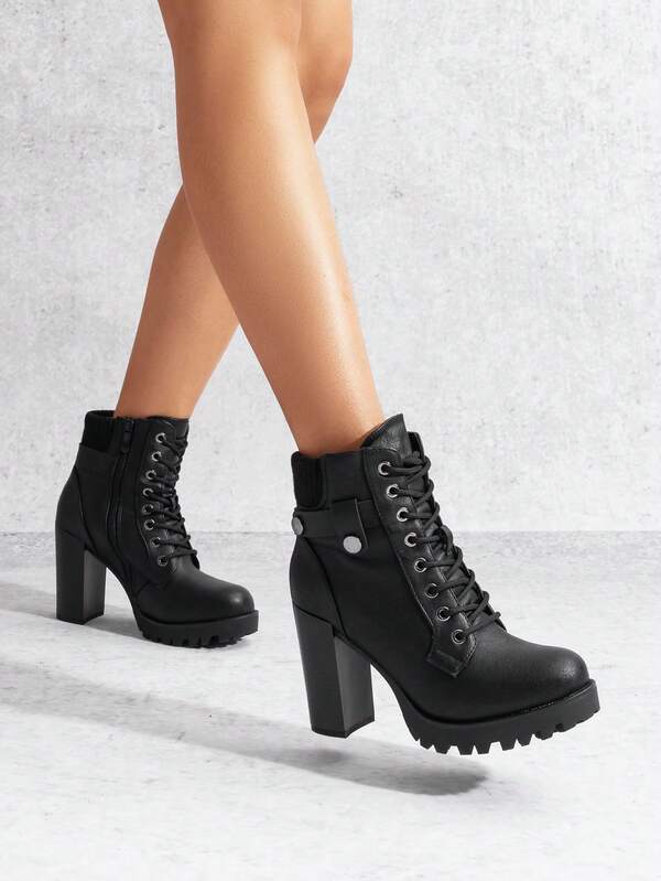 Women's Lace Up Combat Ankle Boots High Chunky Heel Fashion Heeled Booties Shoes Black Boots Ankle Boots