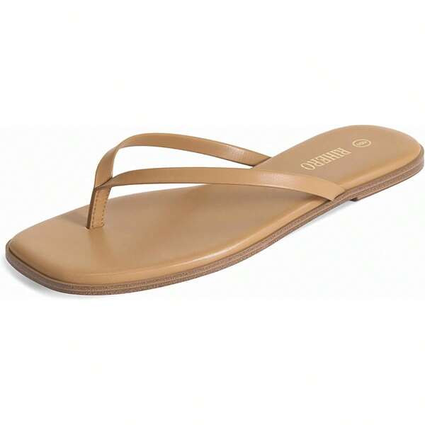 Rihero Women's Flip Flops Stylish Comfortable Square Toe Beach Sandals Slip On Leather Thong Flat Sandals Dressy