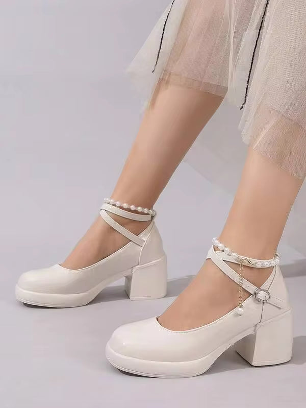 Elegant Mary Jane Glossy Black High Heel Cross-Strap Fashionable Leather Shoes