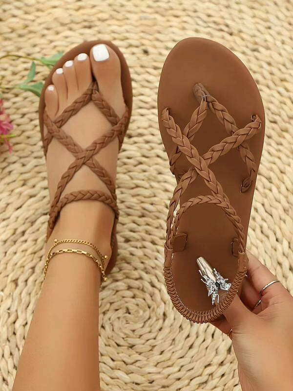 Women Flat Sandals, Solid Color Criss-Cross Elastic Strap Non-Slip Casual Summer Beach Sandals